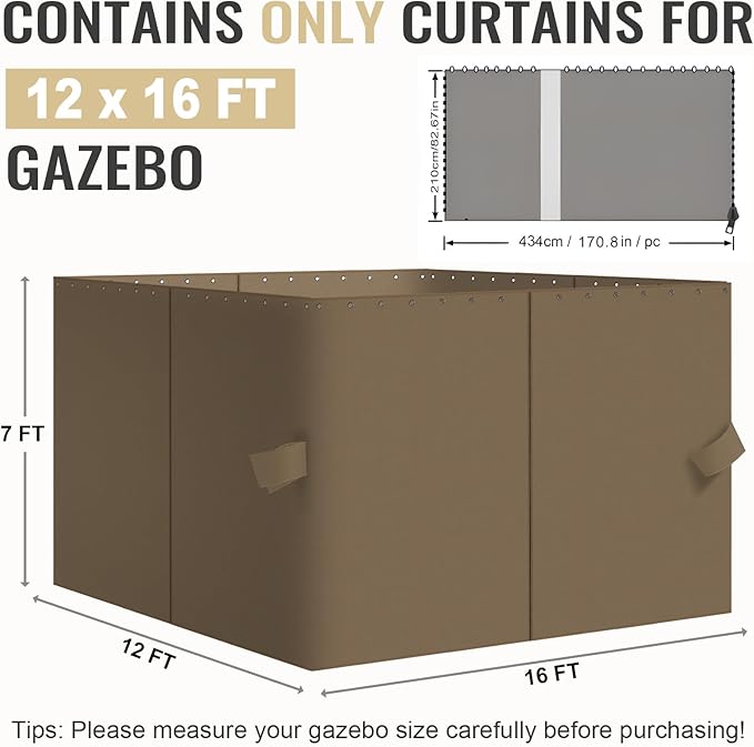 COWVIE 4-Panel 12' x 16' Gazebo Replacement Curtains, Patio Privacy Sidewalls with Double Zipper, Replacement for Outdoor Gazebo Canopy (Curtain Only)
