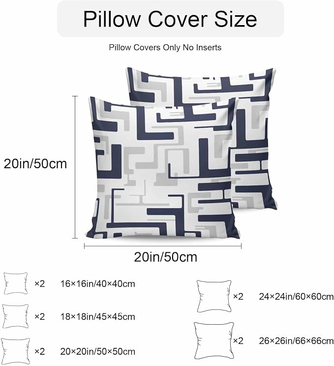 Vandarllin Outdoor Throw Pillows Covers 24x24 inch Set of 2 Waterproof Navy Blue Geometric Stripes Decorative Zippered Cushion Covers for Patio Furniture, Modern Abstract Lines Lumbar Pillowcases