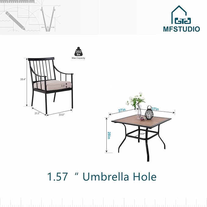 MFSTUDIO 5-Piece Patio Dining Set, 6 Metal Cushioned Chairs, Umbrella Hole | 37" Square Wood-Look Metal Table, Black