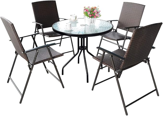 S AFSTAR 5 Pieces Patio Dining Set, 4 Folding Chairs with Table, Portable Wicker Chairs Furniture Set for Outdoor Garden Backyard (4 Chairs w/ 28''H Modern Round Table)