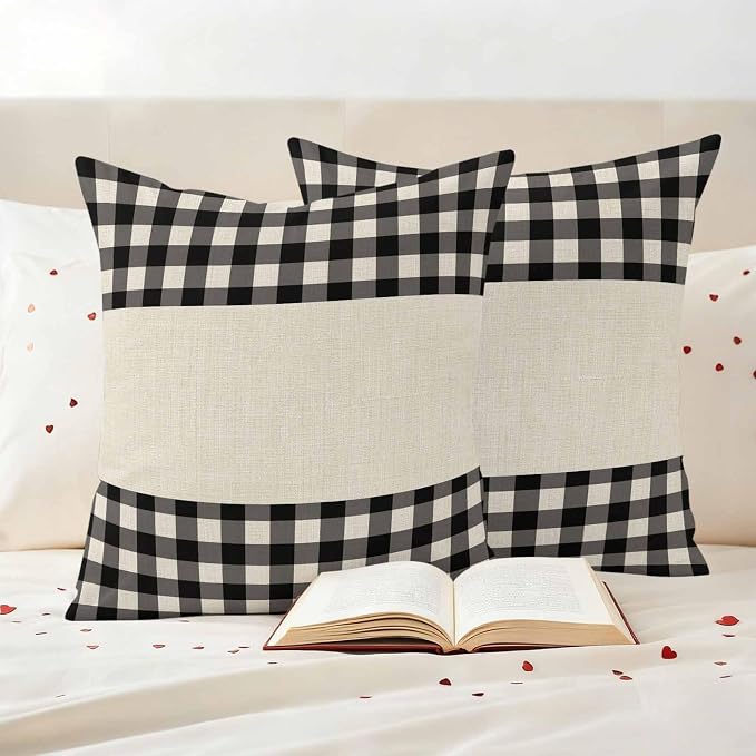 Retro Black Outdoor Waterproof Pillow Covers, Farmhouse Buffalo Plaid Vintage Beige Decorative Square Throw Pillowcase Sofa Cushion Sham for Patio/Couch/Chair, 20"x20" 2 Pack