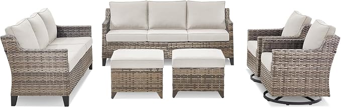 Outdoor Patio Furniture Set-6 Pieces High Back Outdoor Furniture Set Sectional Sofa with Wicker Swivel Rocker Patio Chairs,Thick Cushions Ottomans for Porch Balcony Patio Deck Grey/Beige