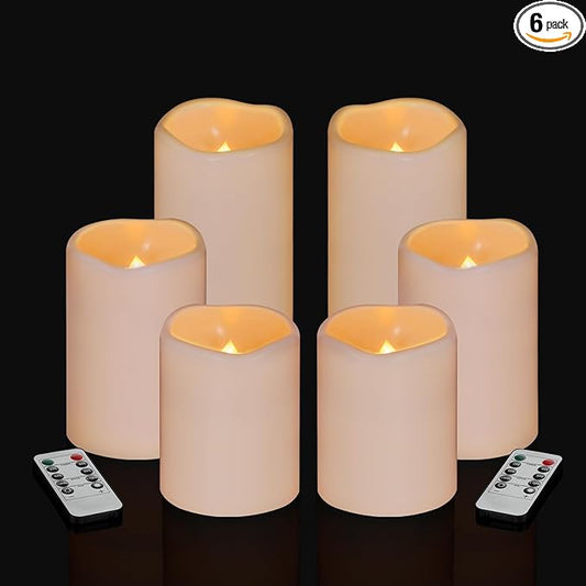 Artmarry Flameless Candles 4" 5" 6" Set of 6 Outdoor Indoor Pillars 3" Diameter Battery Operated Flickering Candles Include 10-Key Remote Timer Function 400+ Hours by 2 AA Batteries (6 Pack)