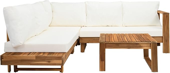 JIVOIT 4 Pieces Patio Conversation Set, Outdoor Acacia Wood Sectional Patio Sofa Set with Coffee Table, Slatted Design, Soft Cushions, Porch Furniture for Deck, Balcony, Backyard