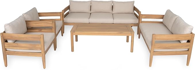 Christopher Knight Home Kory 5-Piece Acacia Wood Patio Furniture Set, Outdoor Conversation Sofa Chat Set with Club Chair and Coffee Table, Patio 7-Seater Seating Group for Backyard Balcony, Teak+Beige