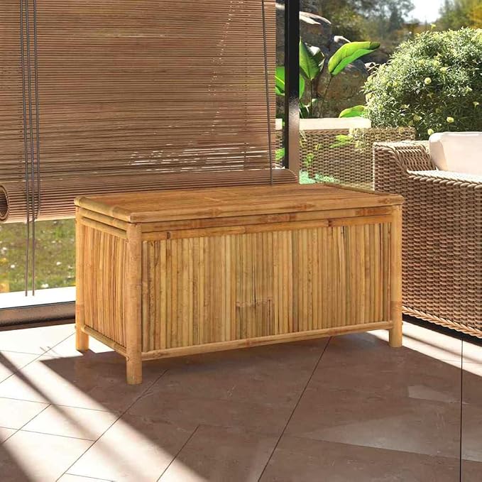Bamboo Garden Storage Box 43.3 x 43.3 x 21.7 in Deck Box Outdoor Storage Chest for Cushions & Tools Natural Breathable Patio Storage Box Assembly Required for Porch Balcony