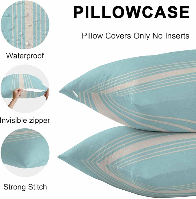 Aqua Beige Striped Outdoor Pillow Covers 20x12 Inch Lumbar Pillow Covers Set of 2 Waterproof Decorative Throw Pillow Cases Modern Farmhouse Retro Lines Cushion Covers for Patio Furniture Garden Couch