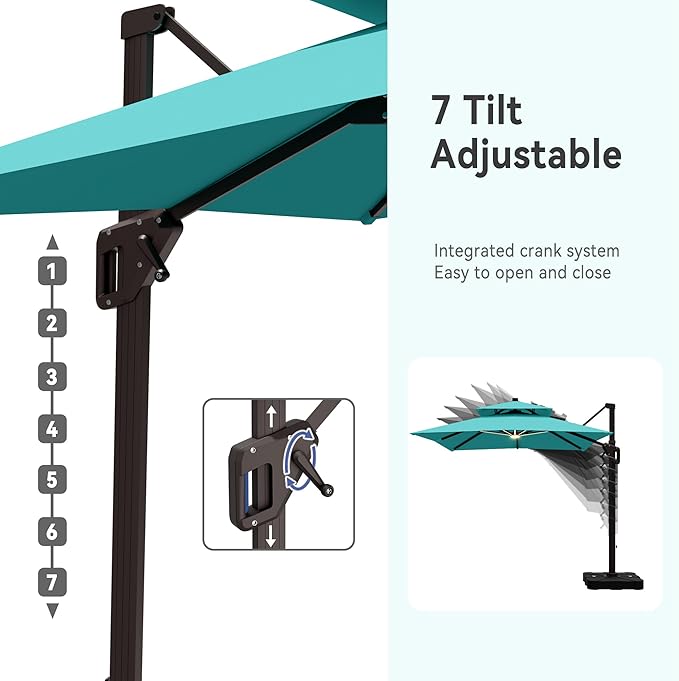 9' X 12' Cantilever Patio Umbrella with Led Lights Double Top Rectangular Outdoor Large Offset Umbrellas with 7 Tilts Adjustable 360°Rotation for Deck Pool Garden Backyard, Turquoise