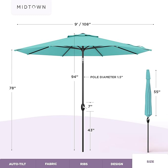 Midtown Umbrellas – The Lean 9 Ft Patio Umbrella with 10-Year-No-Fade Acrylast Acrylic Fabric, Auto-Tilt and 8 Reinforced Ribs for Deck, Pool, Garden, Hotel & Cafes – Azure Canopy, Black Pole