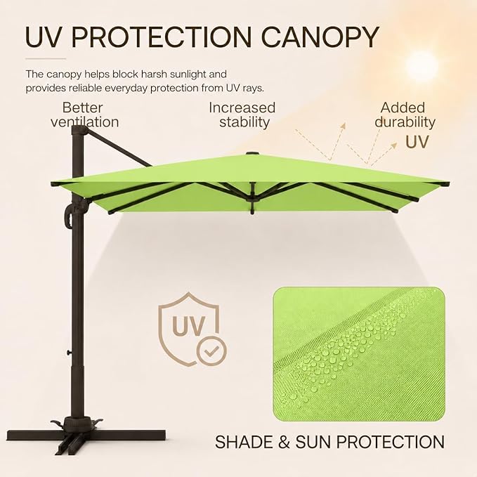 Kingdura 10x10 FT Cantilever Patio Umbrella with Base Included, Large Square Aluminum Offset Outdoor Pool Umbrella, 360° Rotation & 4-Position Tilt, UV Protection for Deck Backyard (Apple green)