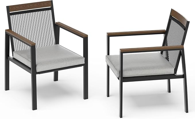 Patio Dining Chair Sets, Outdoor Metal Dining Furniture Set, 2PCS Patio Chairs with Cushions for Backyard, Deck (Black/Brown)