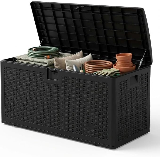 99 Gallon Waterproof Large Resin Deck Box Indoor Outdoor, Lockable Storage Container for Patio Furniture Cushions, Throw Pillows, Garden Tools, and Pool Floats Brown 50" L x 26" W x 25" H