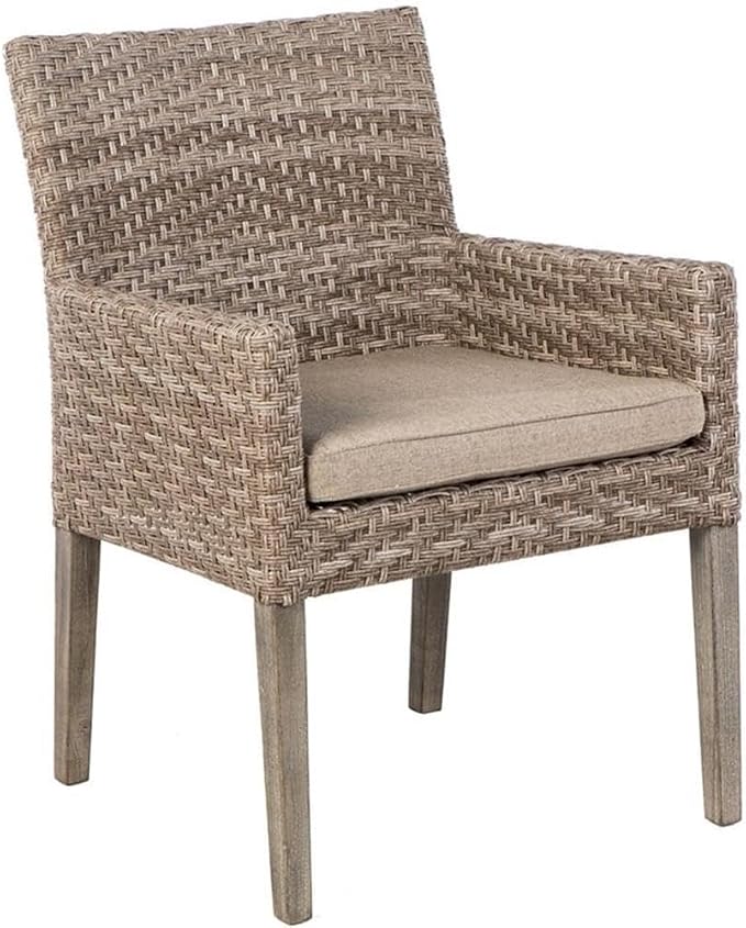 Pemberly Row 7 Piece Patio Dining Set, FSC Eucalyptus Wood Table and Wicker Chairs, Degas/Vintage Patina Finish, 71 in Rectangle Table, UV-Resistant Cushions, Driftwood Style, Outdoor Furniture Set