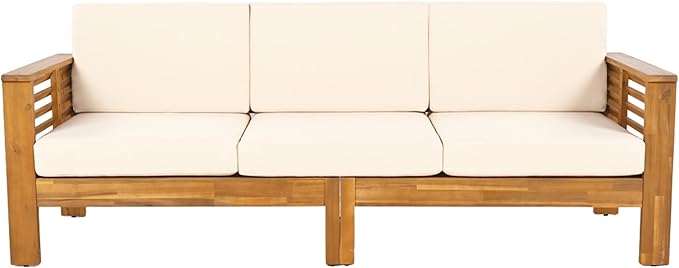 Christopher Knight Home Havets 3 Pieces Outdoor Acacia Furniture Set, Slat Panel Couch, Spacious Seating Armchair, 6" Thick Cushions Sofa and Coffee Table Set for Backyard Garden Balcony, Teak+Beige
