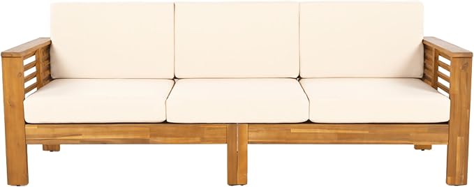 Merax 3 Piece Acacia Wood Patio Furniture Set, Outdoor Sectional Sofa Set with Coffee Table, 4 Seats Sofa Deep Seating with Soft Cushions for Garden, Backyard, Teak & Cream