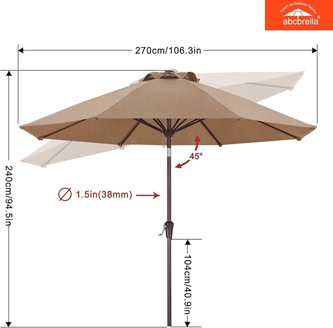 ABCCANOPY OLEFIN® 5-Year No Fading 9FT Patio Umbrella, Outdoor Table Umbrella with 8 Sturdy Ribs for Deck, Backyard, Yard (Brown Stripe)