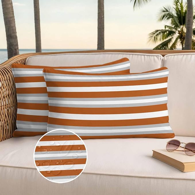 Lumbar Pillow Covers 20x12 Inch Set of 2, Burnt Orange Grey Stripe Waterproof Outdoor Pillow Covers, Minimalist Farmhouse Striped Decorative Cushion Pillowcases for Couch, Sofa, Bed, Garden, Patio
