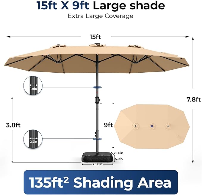 HOMSHADE Double Sided Patio Umbrellas - 15ft Solar Lights LED Lighted Outdoor Extra Large Market Table Umbrella with Base Included, Oversized Umbrella for Deck, Pool, Backyard (Beige)