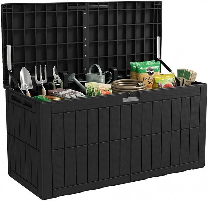 100 Gallon Large Deck Box, Outdoor Resin Storage Boxes for Patio Furniture, Outdoor Cushions, Garden Tools, Water Resistant and Lockable, 48.03 x 24.02 x 21.26 in, Black