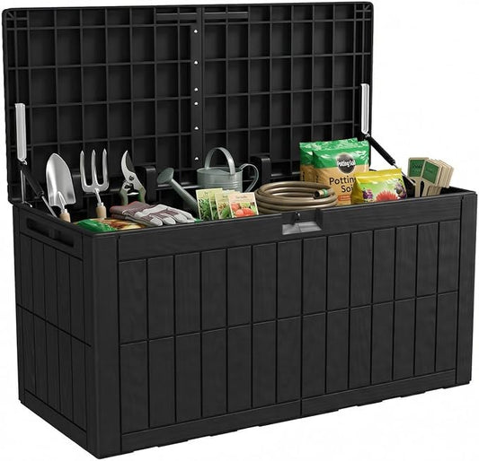100 Gallon Large Deck Box, Outdoor Resin Storage Boxes for Patio Furniture, Outdoor Cushions, Garden Tools, Water Resistant and Lockable, 48.03 x 24.02 x 21.26 in, Black