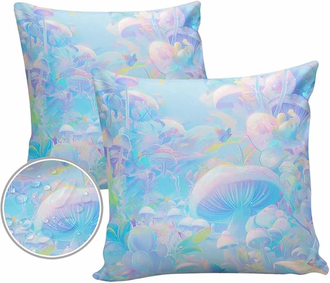 Outdoor Waterproof Throw Pillow Covers 24x24in, Soft Rainbow Colors Cushions for Garden Patio Furniture Chairs Set of 2, Abstract Mushroom Home Decor Couch Sofa Polyester Pillow Cases