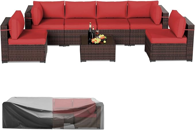 Amopatio Patio Furniture Set Modular Outdoor Sectional 7 Piece Wicker Patio Set, Multiple Combinations Outdoor Sofa w/Coffee Table, Waterproof Cover Included, Burgundy