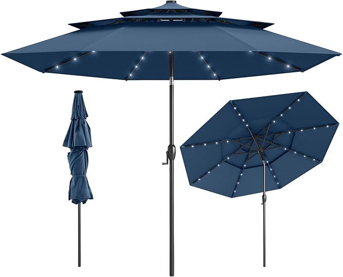 Tangkula 10 FT Solar LED Patio Umbrella, 3-Tier Vented Outdoor Market Table Umbrella with 32 LED Lights, Tilt Adjustment, Crank Handle, 8 Ribs for Backyard Pool Deck (Navy)