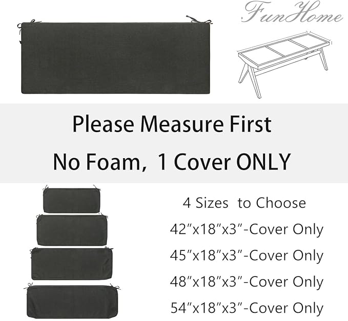 FUNHOME Outdoor Bench Cushion Cover 45 x18 x 3 inch,Water Resistant Cover with Zipper&Ties,Fade-Resistant Slipcover,Patio Porch Swing Cushion Cover Replacement Only,No Insert(Light Charcoal)