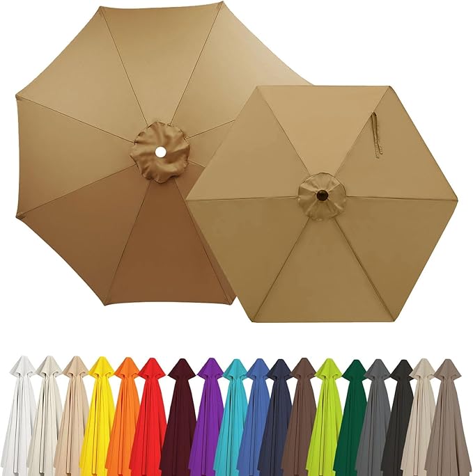 Outdoor Umbrella Replacement Canopy, 6 Ribs 8 Ribs Patio Umbrella Replacement Top Cover, 6.6ft 9 ft 10ft 13ft Waterproof Umbrella Top Canopy Fabric Replacement Canvas(Khaki,8.8FT 8-Ribs)