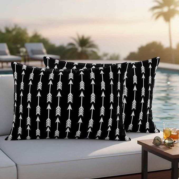 Arrow Outdoor Pillow Covers 20"x12" Set of 2, Abstract Rustic Western Tribal Geometric Arrow Black Waterproof Throw Pillow Covers for Patio Furniture, Decorative Cushion Covers for Porch