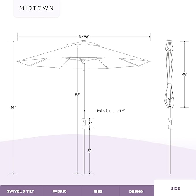 The Swilt 8 Feet Outdoor Umbrella With Terylast Midnight (Royal Blue) Polyester Fabric - Fiberglass Ribs, Auto-Tilt And Swivel Aluminum Frame Patio Umbrella For Deck, Garden, Pool - Black Pole