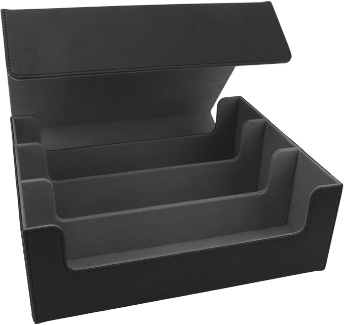Fydun Large Capacity Card, Deck Box 3 Rows Magnetic Closure Boxes with PU Leather Storage Box/Cover for Game Cards Tarot Black Cover Grey Lining Holds More Than 1800 Sheets (#1)