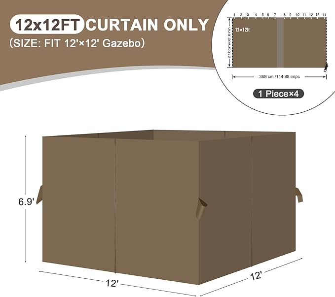 Aoodor 12x12 ft Outdoor Gazebo Curtains, 4 Panels Waterproof Privacy Sidewall Replacement with Zipper for Patio Pergola and Canopy, Light Coffee
