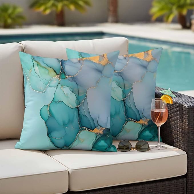 Abstract Teal Outdoor Waterproof Throw Pillow Covers Set of 2, 24"x24", Blue Gold Marble Natural Stone Cracks Modern Decorative Pillow Covers Outside Cushion Case for Patio Porch Garden