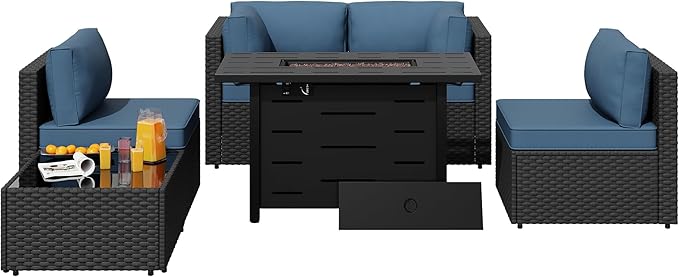 SUNLEI 5 Piece Outdoor Patio Furniture Set with Fire Pit Table, Black PE Rattan Wicker Conversation Sofa Set with Blue Cushions, All Weather Sectional Patio Couch for Backyard, Deck, Garden, Porch
