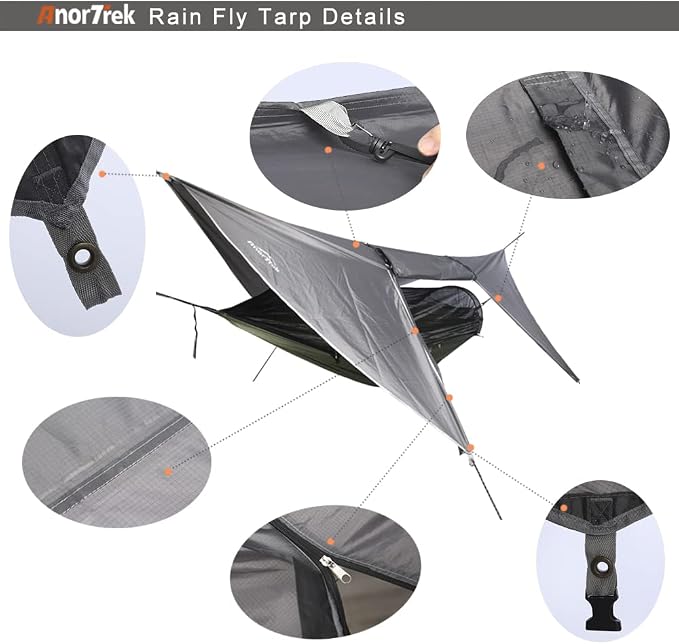 AnorTrek Camping Hammock with Mosquito Net and Rain Fly Tarp, Portable Double Hammock with Two Tree Straps, 230T Nylon Hammock and Waterproof Rain Fly Set for Hiking, Backpacking, Overnight (Green)