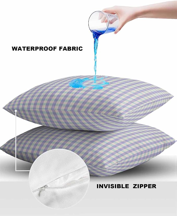 Outdoor Waterproof Throw Pillow Covers Set of 2 Purple Buffalo Plaid Pillowcases 24x24 Inches Linen Classic Checked Patio Decorative Pillows Cushion Case Patio Pillows for Couch Bed Chair Garden