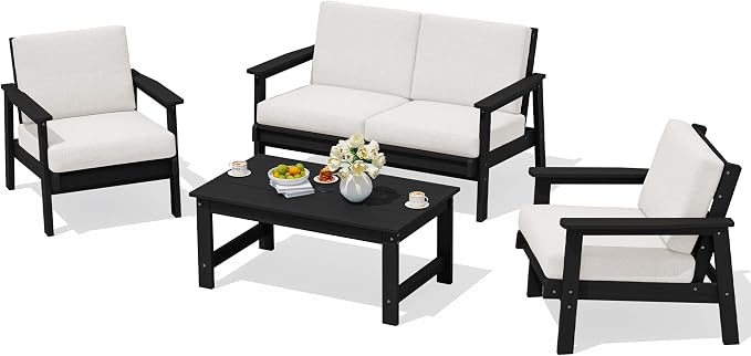 SERWALL HDPE Outdoor Furniture Set, 4 Piece Outdoor Sofa Set, Black Frame with Khaki Cushions
