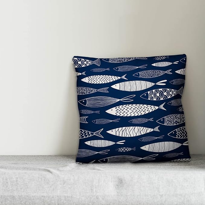 School of Fish Indoor/Outdoor Pillow | Decorative Pillows for Living Room Couch Bed Sofa Patio, Fluffy Soft Cushion | Water Resistant Blue, 18x18