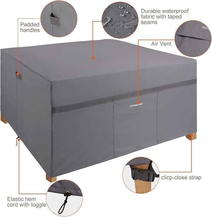 Covers Ultimate Grey Square Outdoor Table with Chairs Covers 76''L x 76''W x 32''H Waterproof Heavy Duty Square Patio Furniture Cover for Dining Table Set 2 Air Vents and Buckled Strap