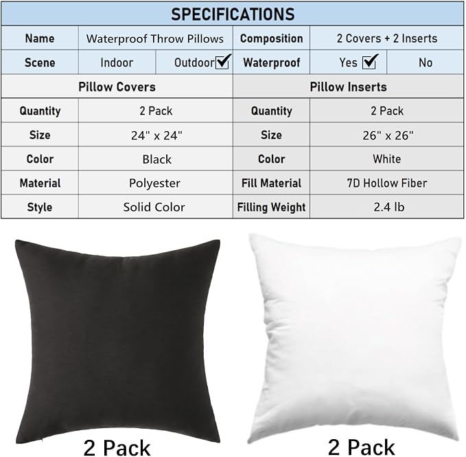Outdoor Throw Pillows with Inserts, Waterproof Pillows for Outdoor Seating, Square Decorative Garden Cushion for Patio Furniture, Bed, Couch, Sofa(Black, 24" x 24" (Pack of 2))