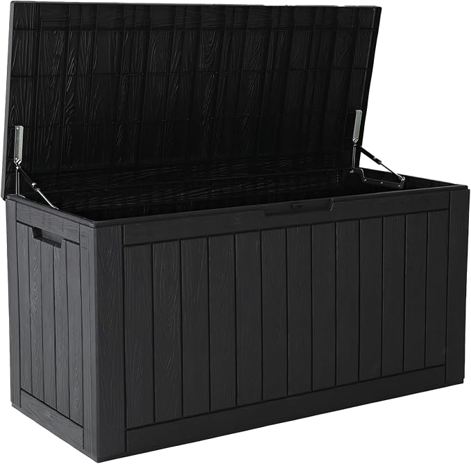 Outdoor Storage Box, 120 Gallon Resin Deck Boxes Outdoor Waterproof For Patio Furniture, Garden Tools, Pool Supplies, Lockable And UV Resistant (Striped Black)