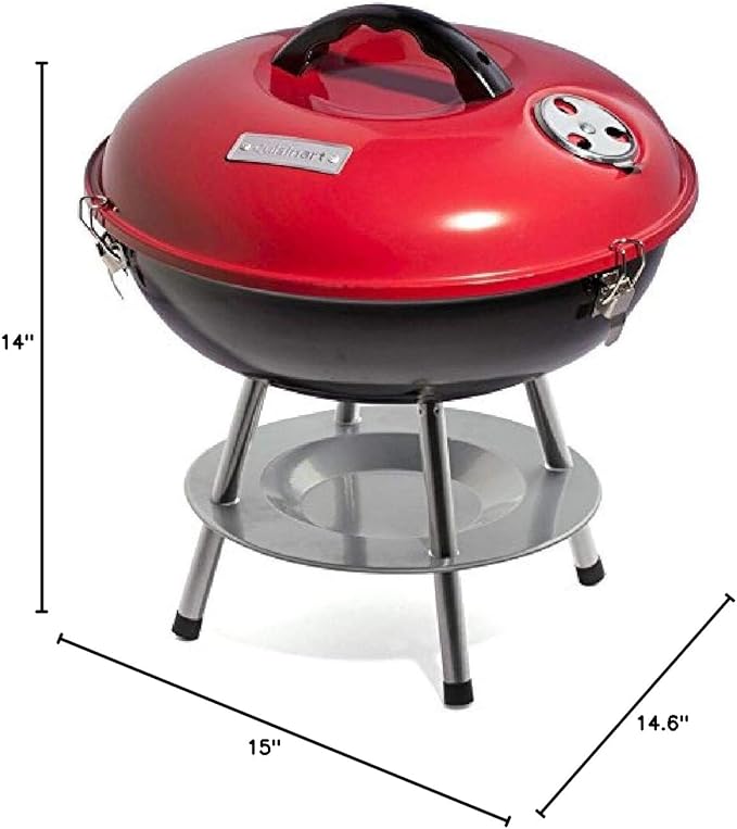 Cuisinart 14" Portable Charcoal Grill, Tabletop Outdoor Small Grill with Locking Lid and Dual Vents, Chrome Plated Travel Size BBQ Perfect for Camping, Tailgates, Cookouts, Red