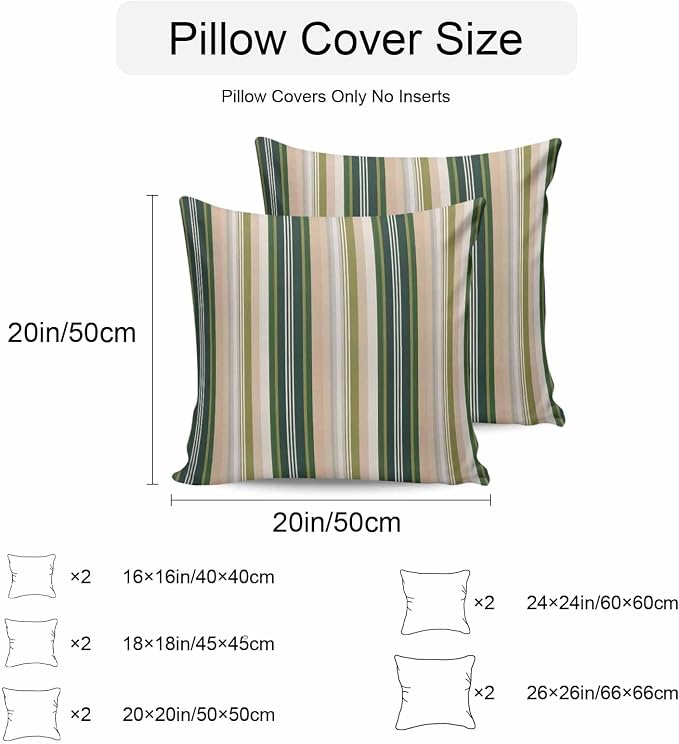 Green Brown Striped Outdoor Pillow Covers 18x18 Inch Throw Pillow Covers Set of 2 Waterproof Decorative Pillow Cases Modern Stripes Art Farmhouse Cushion Covers for Patio Furniture Garden Couch Sofa