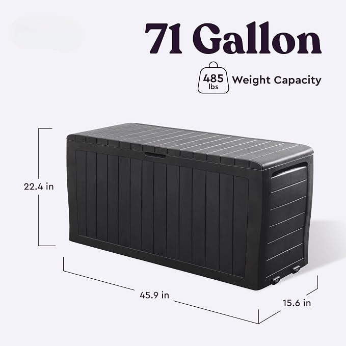 71 Gallon Outdoor Deck Box with Wood-Look Texture, Weatherproof Resin Storage Container for Patio Cushions, Graphite