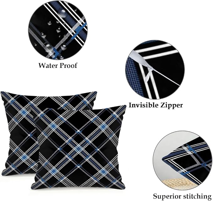 18x18 Inch Outdoor Pillow Covers Set of 2 Waterproof Throw Pillow Covers Decorative Couch Cushion Covers Black Checkered Grey Square Pillowcases Protectors for Patio Garden Sofa
