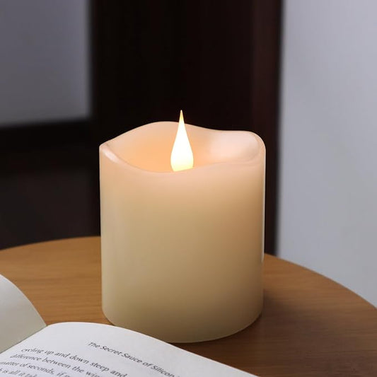 TECHLONG Flameless Candles Battery Operated with Timer, 3D Moving Flame Flickering, Last 600+ Hours Battery Candles, 3" x 3" Ivory Real Wax Electric LED Candle for Wedding Party Decorations