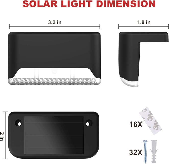 pearlstar Solar Deck Lights,16 Pack Step Light Waterproof LED Stair Lights,Outdoor Solar Fence Light for Deck, Stairs,Step,Yard,Patio,and Pathway (White),Black
