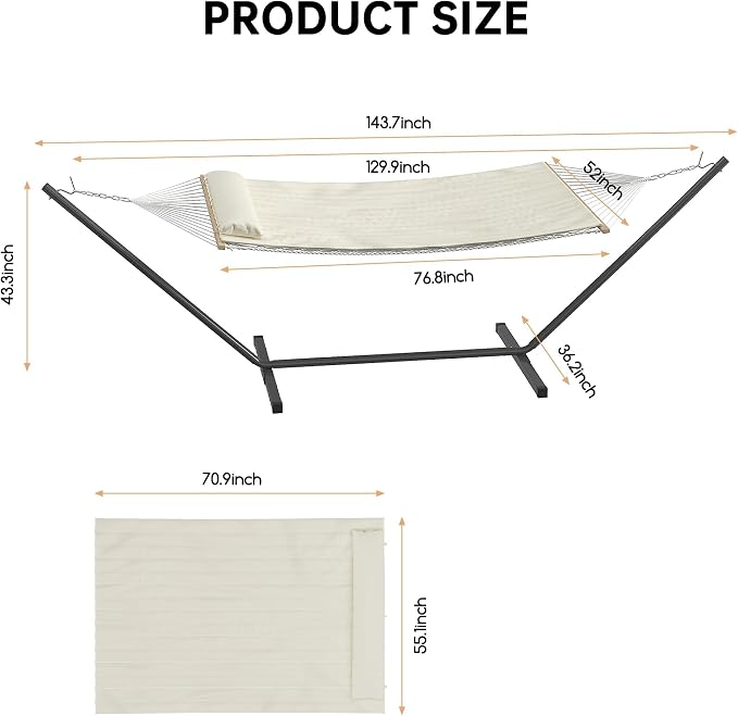 12 ft Double Hammock with Stand, Portable 2 Person Outdoor Hammock with Stand for Patio, Backyard, Garden, Heavy Duty Hammock with Soft Pillow & Balance Ropes, Folding Hammock, Beige