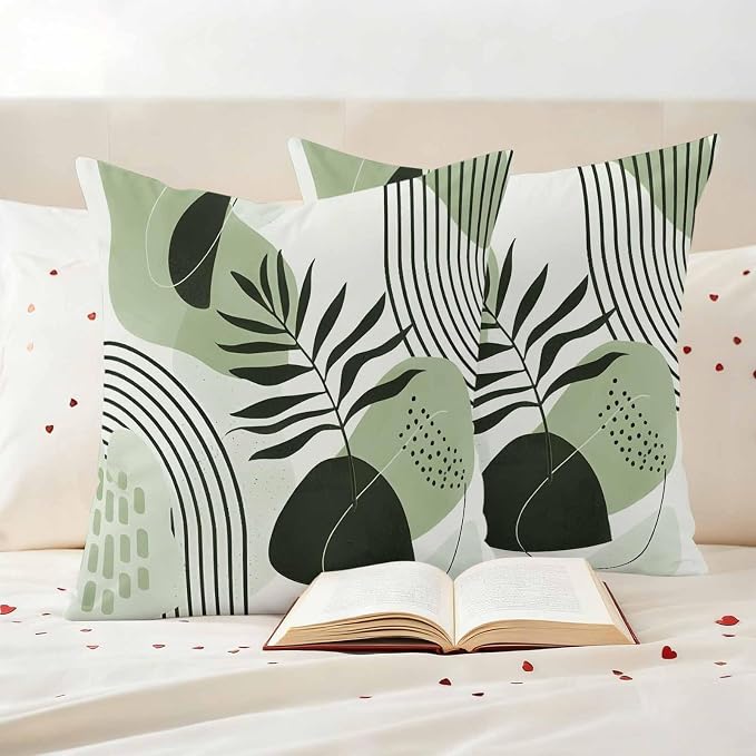 Sage Green Bohemian Outdoor Pillow Covers Set of 2 Abstract Geometric Black Lines Leaves Waterproof Throw Pillow Cover Decorative Cushion Cases for Patio Porch Garden 20X20 Inch
